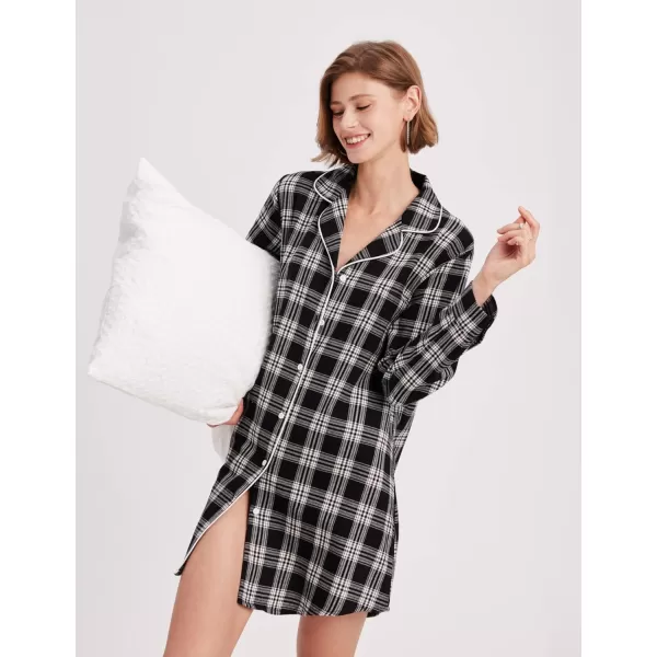 Ekouaer Womens Cotton Nightgowns Button Down Sleepshirt Long Sleeve Plaid Night Shirt Casual Boyfriend Pajamas Dress100 Cotton Black amp White Plaid