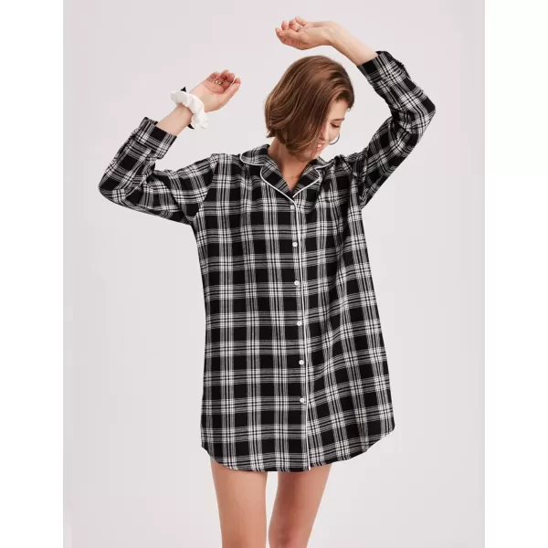 Ekouaer Womens Cotton Nightgowns Button Down Sleepshirt Long Sleeve Plaid Night Shirt Casual Boyfriend Pajamas Dress100 Cotton Black amp White Plaid