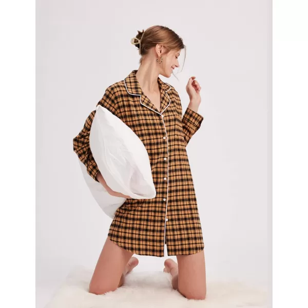 Ekouaer Womens Cotton Nightgowns Button Down Sleepshirt Long Sleeve Plaid Night Shirt Casual Boyfriend Pajamas Dress100 Cotton Orange Plaid