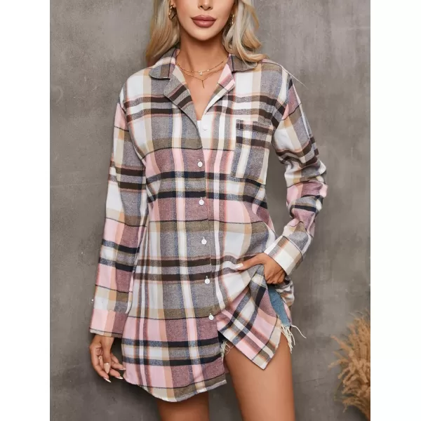 Ekouaer Womens Cotton Nightgowns Button Down Sleepshirt Long Sleeve Plaid Night Shirt Casual Boyfriend Pajamas DressPat19
