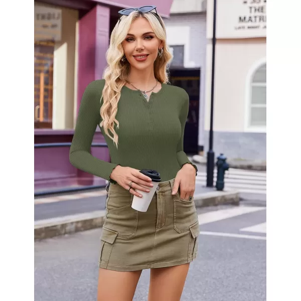 Ekouaer Womens Long Sleeve Henley Shirts Button Ribbed Knit Tops Basic Layering Slim Fit Soft Thermal Underwear TopsArmy Green