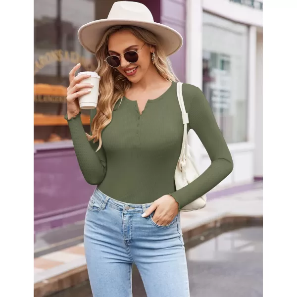 Ekouaer Womens Long Sleeve Henley Shirts Button Ribbed Knit Tops Basic Layering Slim Fit Soft Thermal Underwear TopsArmy Green