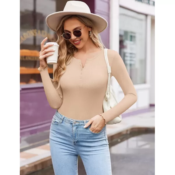 Ekouaer Womens Long Sleeve Henley Shirts Button Ribbed Knit Tops Basic Layering Slim Fit Soft Thermal Underwear TopsBeige