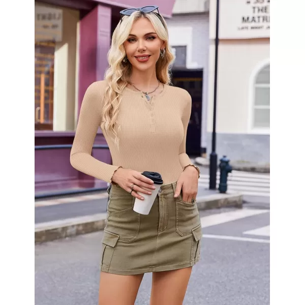 Ekouaer Womens Long Sleeve Henley Shirts Button Ribbed Knit Tops Basic Layering Slim Fit Soft Thermal Underwear TopsBeige