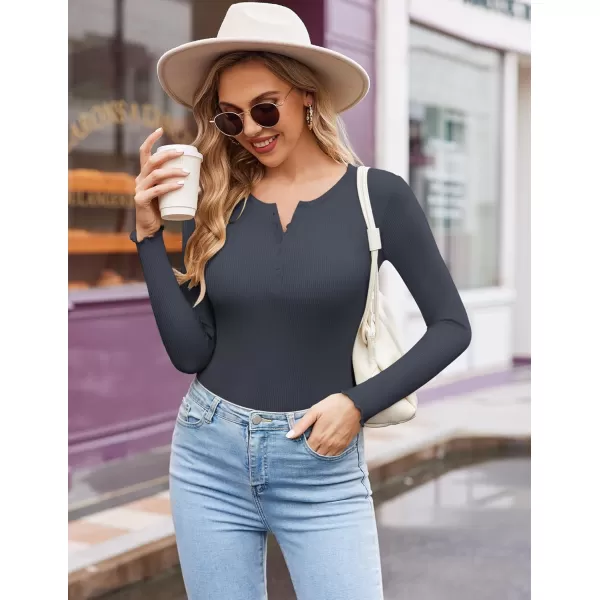 Ekouaer Womens Long Sleeve Henley Shirts Button Ribbed Knit Tops Basic Layering Slim Fit Soft Thermal Underwear TopsDark Gray