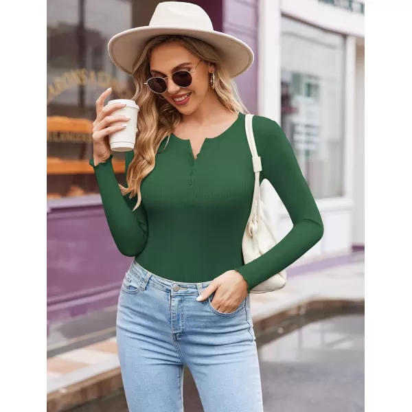 Ekouaer Womens Long Sleeve Henley Shirts Button Ribbed Knit Tops Basic Layering Slim Fit Soft Thermal Underwear TopsGreen