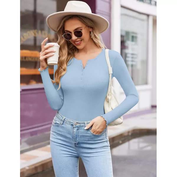 Ekouaer Womens Long Sleeve Henley Shirts Button Ribbed Knit Tops Basic Layering Slim Fit Soft Thermal Underwear TopsLight Blue