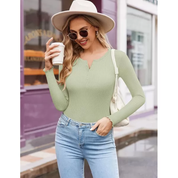 Ekouaer Womens Long Sleeve Henley Shirts Button Ribbed Knit Tops Basic Layering Slim Fit Soft Thermal Underwear TopsLight Green