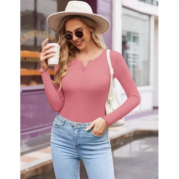 Ekouaer Womens Long Sleeve Henley Shirts Button Ribbed Knit Tops Basic Layering Slim Fit Soft Thermal Underwear TopsRose Pink