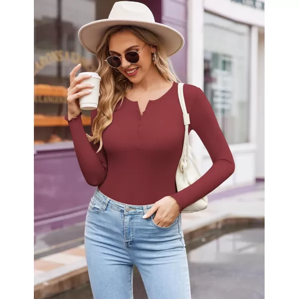 Ekouaer Womens Long Sleeve Henley Shirts Button Ribbed Knit Tops Basic Layering Slim Fit Soft Thermal Underwear TopsWine Red