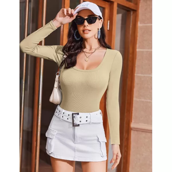 Ekouaer Womens Long Sleeve Shirts Square Neck Slim Fit Basic Tops Ribbed Thermal Undershirts Layering TeeBeige