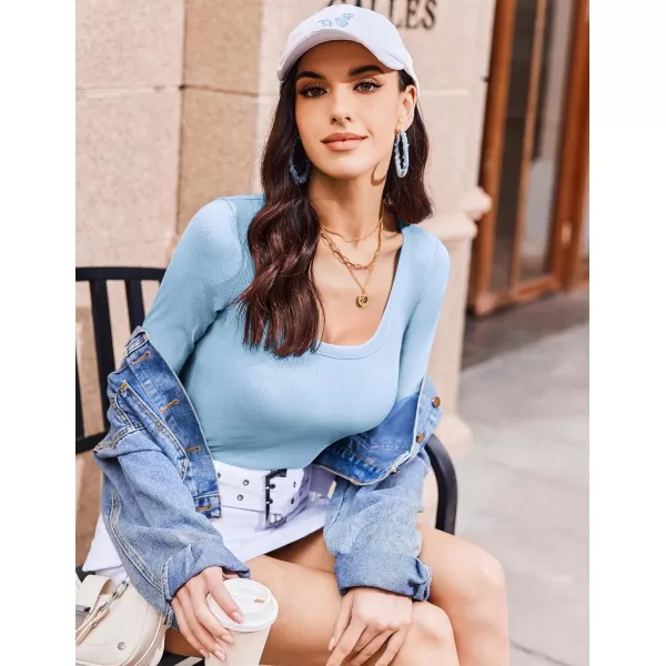 Ekouaer Womens Long Sleeve Shirts Square Neck Slim Fit Basic Tops Ribbed Thermal Undershirts Layering TeeBlack  Blue