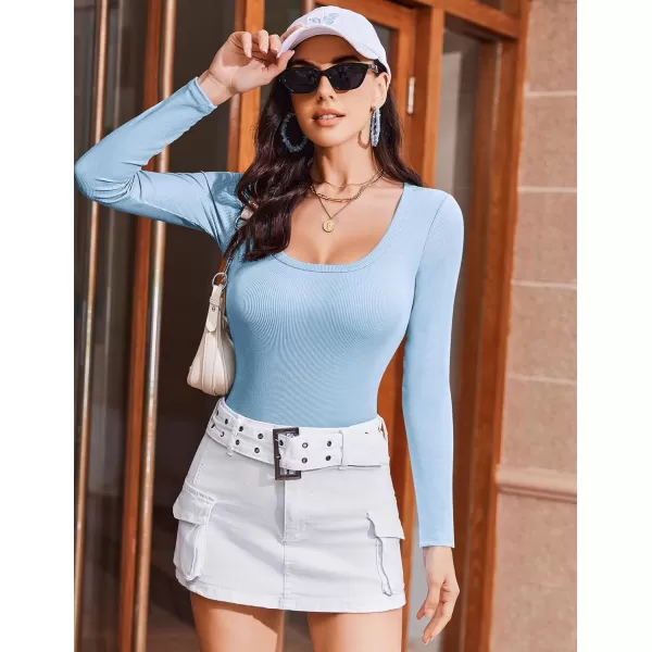 Ekouaer Womens Long Sleeve Shirts Square Neck Slim Fit Basic Tops Ribbed Thermal Undershirts Layering TeeBlue
