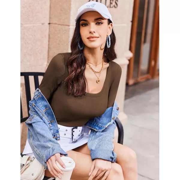 Ekouaer Womens Long Sleeve Shirts Square Neck Slim Fit Basic Tops Ribbed Thermal Undershirts Layering TeeBrown