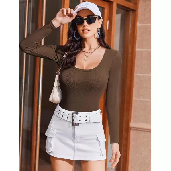 Ekouaer Womens Long Sleeve Shirts Square Neck Slim Fit Basic Tops Ribbed Thermal Undershirts Layering TeeBrown