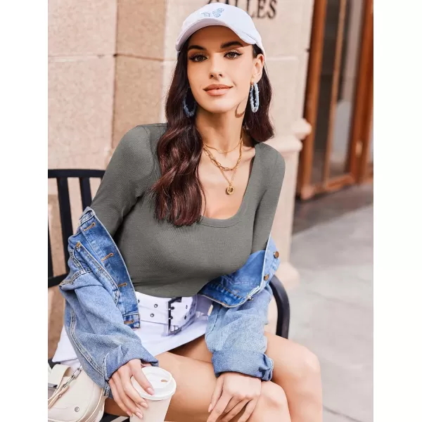 Ekouaer Womens Long Sleeve Shirts Square Neck Slim Fit Basic Tops Ribbed Thermal Undershirts Layering TeeGrey