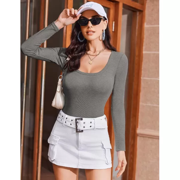 Ekouaer Womens Long Sleeve Shirts Square Neck Slim Fit Basic Tops Ribbed Thermal Undershirts Layering TeeGrey