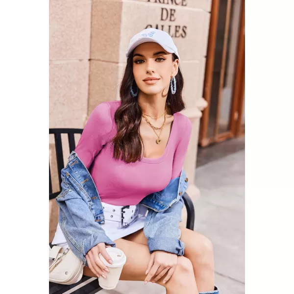Ekouaer Womens Long Sleeve Shirts Square Neck Slim Fit Basic Tops Ribbed Thermal Undershirts Layering TeeHot Pink
