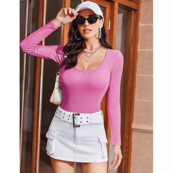 Ekouaer Womens Long Sleeve Shirts Square Neck Slim Fit Basic Tops Ribbed Thermal Undershirts Layering TeeHot Pink