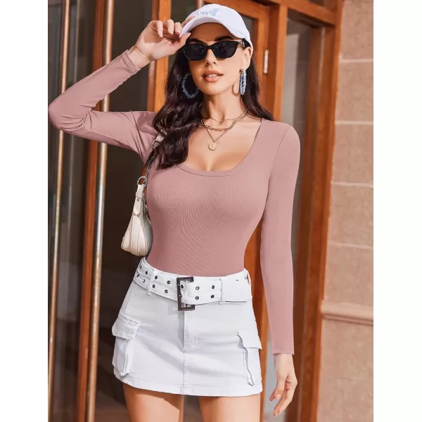 Ekouaer Womens Long Sleeve Shirts Square Neck Slim Fit Basic Tops Ribbed Thermal Undershirts Layering TeeMisty Rose