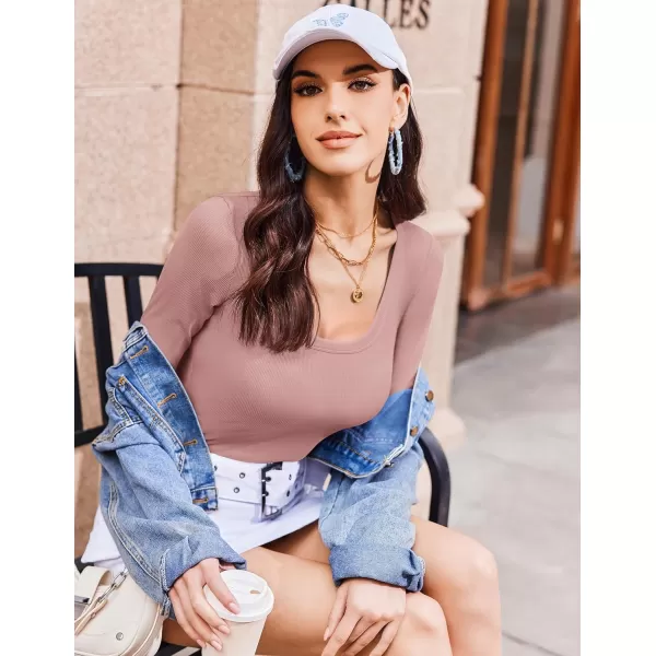 Ekouaer Womens Long Sleeve Shirts Square Neck Slim Fit Basic Tops Ribbed Thermal Undershirts Layering TeeMisty Rose