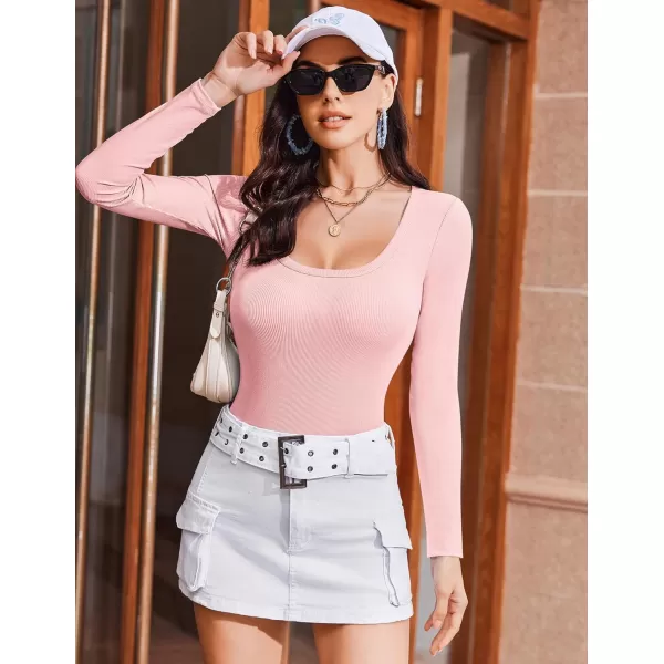 Ekouaer Womens Long Sleeve Shirts Square Neck Slim Fit Basic Tops Ribbed Thermal Undershirts Layering TeePink