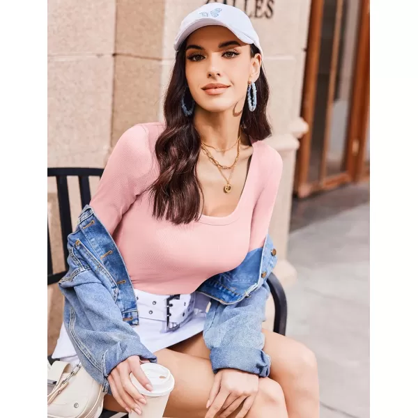 Ekouaer Womens Long Sleeve Shirts Square Neck Slim Fit Basic Tops Ribbed Thermal Undershirts Layering TeePink