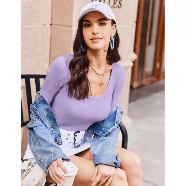 Ekouaer Womens Long Sleeve Shirts Square Neck Slim Fit Basic Tops Ribbed Thermal Undershirts Layering TeePurple