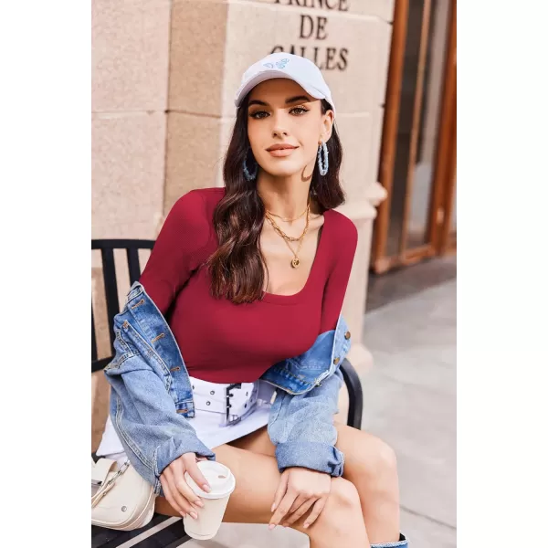 Ekouaer Womens Long Sleeve Shirts Square Neck Slim Fit Basic Tops Ribbed Thermal Undershirts Layering TeeRed