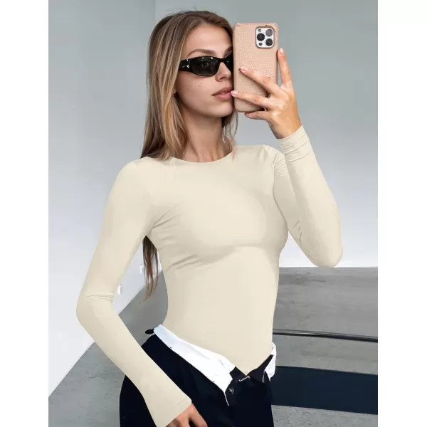 Ekouaer Womens Long Sleeve Shirts Tight Fitted Tops Crewneck Underscrubs Tee Lightweight Basic Thermal UndershirtsBeige