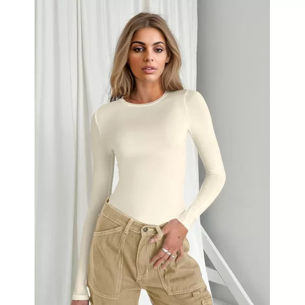 Ekouaer Womens Long Sleeve Shirts Tight Fitted Tops Crewneck Underscrubs Tee Lightweight Basic Thermal UndershirtsBeige