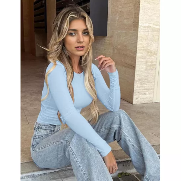 Ekouaer Womens Long Sleeve Shirts Tight Fitted Tops Crewneck Underscrubs Tee Lightweight Basic Thermal UndershirtsLight Blue