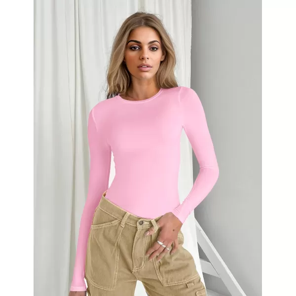 Ekouaer Womens Long Sleeve Shirts Tight Fitted Tops Crewneck Underscrubs Tee Lightweight Basic Thermal UndershirtsPink