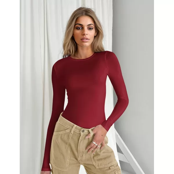 Ekouaer Womens Long Sleeve Shirts Tight Fitted Tops Crewneck Underscrubs Tee Lightweight Basic Thermal UndershirtsWine Red