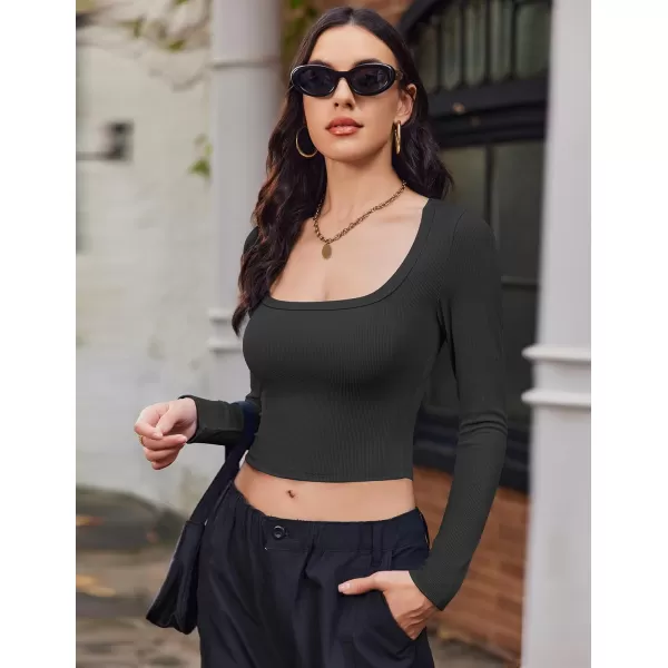 Ekouaer Womens Long Sleeve Square Neck Crop Top Ribbed Slim Fitted Going Out Y2K Tops Casual Basic Shirts TeeBlack