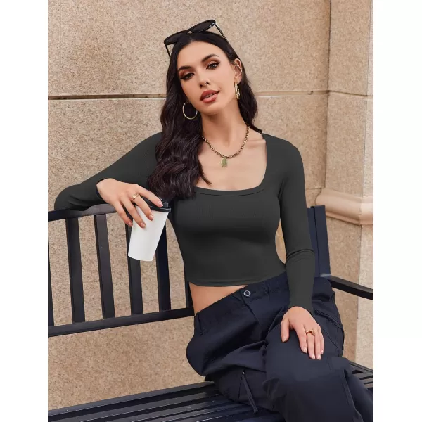 Ekouaer Womens Long Sleeve Square Neck Crop Top Ribbed Slim Fitted Going Out Y2K Tops Casual Basic Shirts TeeBlackNavy