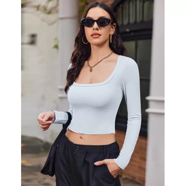 Ekouaer Womens Long Sleeve Square Neck Crop Top Ribbed Slim Fitted Going Out Y2K Tops Casual Basic Shirts TeeCool White