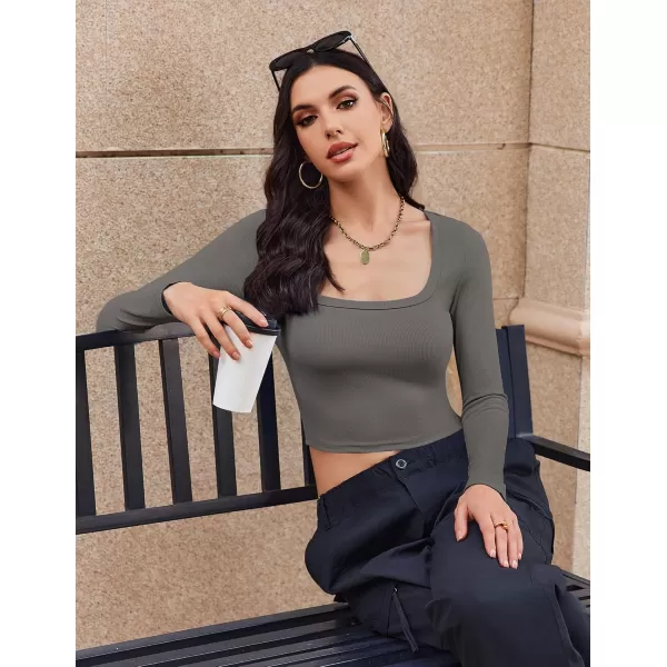 Ekouaer Womens Long Sleeve Square Neck Crop Top Ribbed Slim Fitted Going Out Y2K Tops Casual Basic Shirts TeeDark Grey