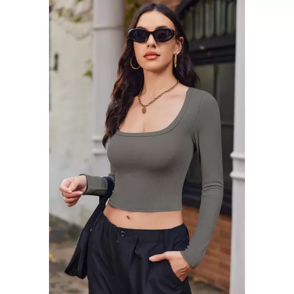 Ekouaer Womens Long Sleeve Square Neck Crop Top Ribbed Slim Fitted Going Out Y2K Tops Casual Basic Shirts TeeDark Grey