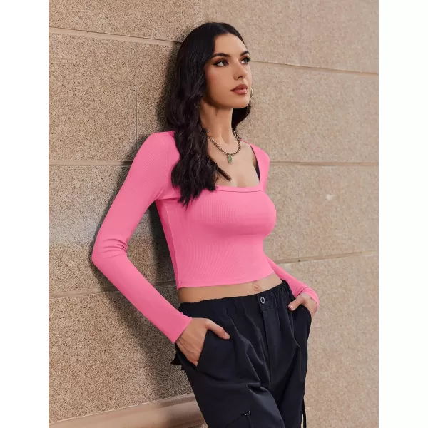 Ekouaer Womens Long Sleeve Square Neck Crop Top Ribbed Slim Fitted Going Out Y2K Tops Casual Basic Shirts TeeHot Pink