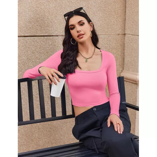 Ekouaer Womens Long Sleeve Square Neck Crop Top Ribbed Slim Fitted Going Out Y2K Tops Casual Basic Shirts TeeHot Pink