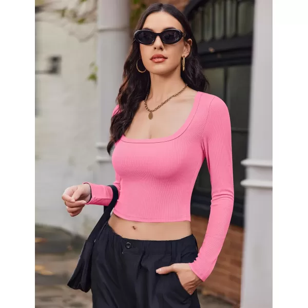 Ekouaer Womens Long Sleeve Square Neck Crop Top Ribbed Slim Fitted Going Out Y2K Tops Casual Basic Shirts TeeHot Pink