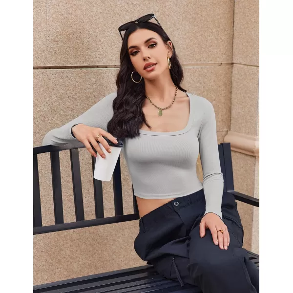 Ekouaer Womens Long Sleeve Square Neck Crop Top Ribbed Slim Fitted Going Out Y2K Tops Casual Basic Shirts TeeLight Grey