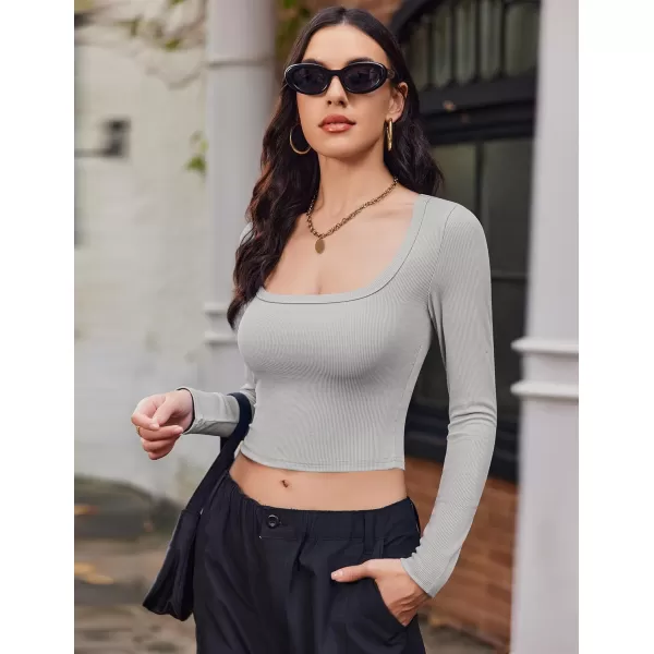 Ekouaer Womens Long Sleeve Square Neck Crop Top Ribbed Slim Fitted Going Out Y2K Tops Casual Basic Shirts TeeLight Grey