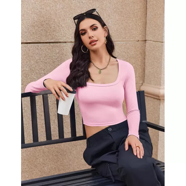 Ekouaer Womens Long Sleeve Square Neck Crop Top Ribbed Slim Fitted Going Out Y2K Tops Casual Basic Shirts TeePink