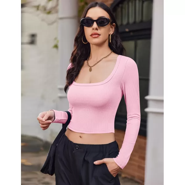 Ekouaer Womens Long Sleeve Square Neck Crop Top Ribbed Slim Fitted Going Out Y2K Tops Casual Basic Shirts TeePink