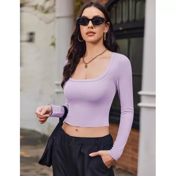 Ekouaer Womens Long Sleeve Square Neck Crop Top Ribbed Slim Fitted Going Out Y2K Tops Casual Basic Shirts TeePurple