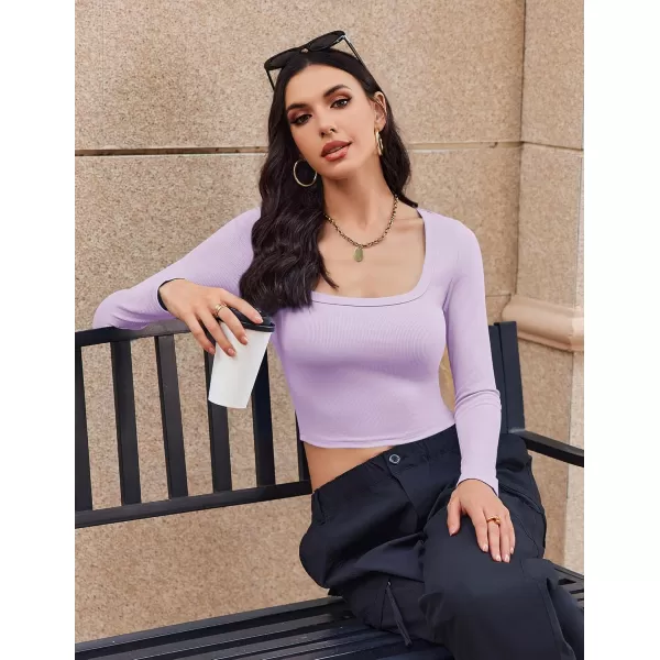 Ekouaer Womens Long Sleeve Square Neck Crop Top Ribbed Slim Fitted Going Out Y2K Tops Casual Basic Shirts TeePurple