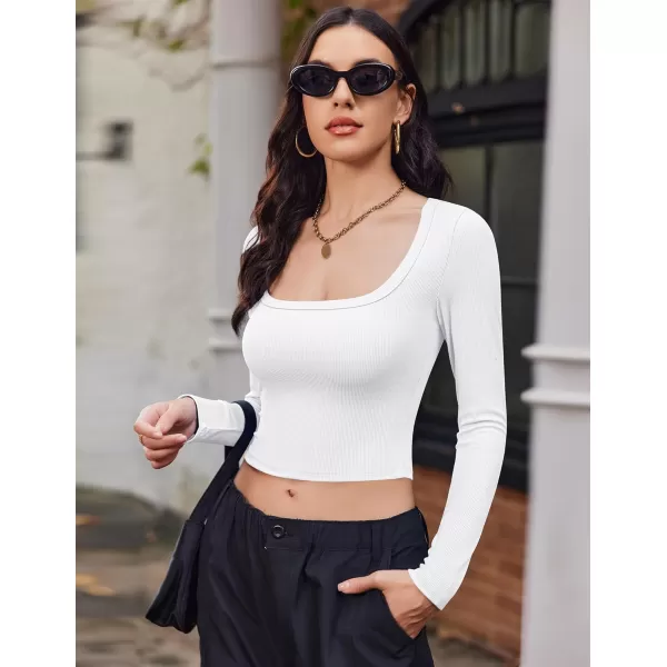 Ekouaer Womens Long Sleeve Square Neck Crop Top Ribbed Slim Fitted Going Out Y2K Tops Casual Basic Shirts TeeWhite