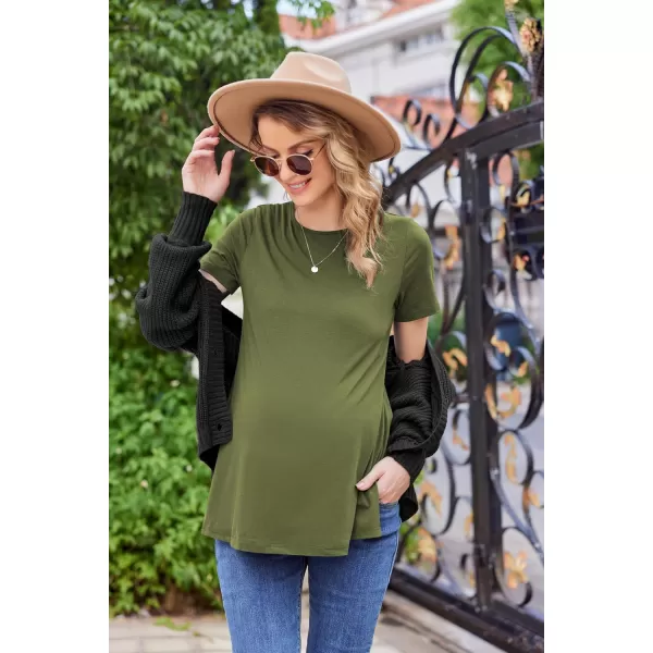 Ekouaer Womens Maternity Shirts Short Sleeve Pregnancy Tops Blouses Split Side Casual Crewneck Pregnant Tunic TeeArmy Green